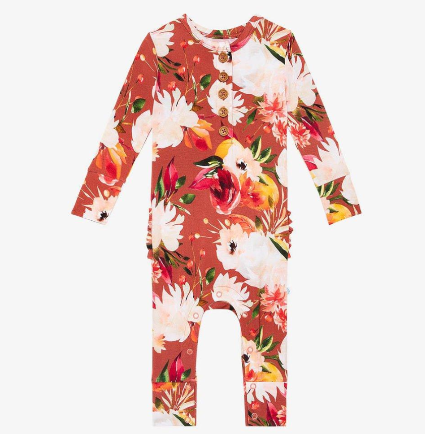 Girl's Bamboo Long Sleeve Ruffled Henley Romper, Leonora