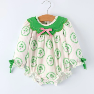 St. Patrick's Day Shamrock Striped Long Sleeve Baby Girl Romper